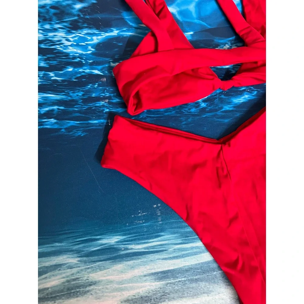 ☀️Unbranded Red Knot Front Bikini Set High Cut V-Waist Swimsuit Two Piece Womens